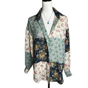 Liz Sport Patchwork Floral Button Up Shirt Small | Cottagecore Prairie Mori Kei